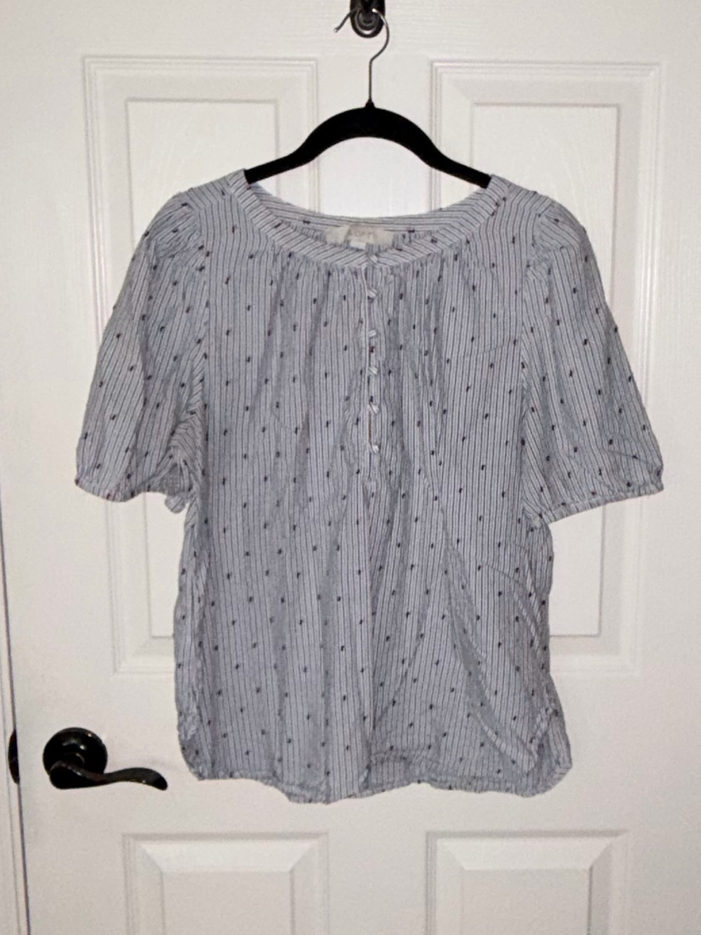 LOFT Black & White Striped Embroidered Button-Front Top